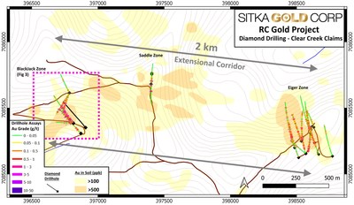 Figure 2: Plan Map of the Saddle-Eiger Zones at the RC Gold Project (CNW Group/Sitka Gold Corp.)