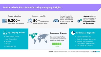 Snapshot of company insights for BizVibe's motor vehicle parts manufacturing industry group.
