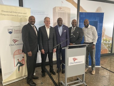 "OneAmerica Commits $1 Million Toward Financial Literacy." From May 16, 2022 press conference in Indianapolis, Indiana. In photo (L to R): Tony Mason, President and CEO, Indianapolis Urban League; Scott Davison, Chairman, President and CEO, OneAmerica; George Nichols III, President and CEO The American College of Financial Services; Dr. Sean L. Huddleston, President, Martin University; and Leon Jackson, Ph.D., chancellor of Marian University's Saint Joseph's College. Photo credit: OneAmerica (PRNewsfoto/OneAmerica)