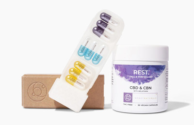 Impact Naturals REST product next to biodegradable case containing REVIVE, RESTORE and REST all-vegan CBD, CBG and CBN capsules