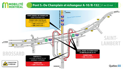 Secteur pont Samuel-De Champlain  Brossard, fin de semaine du 20 mai (Groupe CNW/Ministre des Transports)