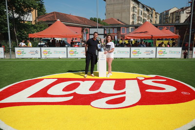 Nadine Kessler, UEFA's Chief of Women's Football and UEFA legend Claudio Marchisio at the launch of the Lay's RePlay pitch