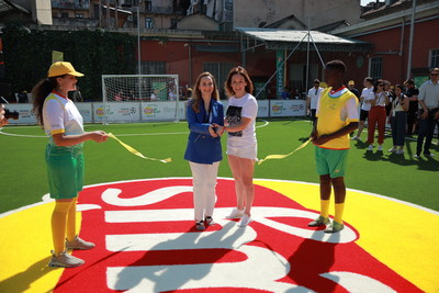 Nadine Kessler, UEFA's Chief of Women's Football and Sebnem Erim, Marketing Vice President for Global Foods at PepsiCo at the inauguration of the Lay's RePlay pitch in Turin