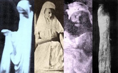 Authentic photographs of ectoplasmic paranormal people from the Spiritualism epoch comprise a logo for Bell websites at testament.org, www.metaphysicalarticles.org and paranormalencyclopedia.org