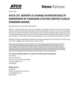 ATCO LTD. REPORTS A CHANGE IN PERCENTAGE OF OWNERSHIP OF CANADIAN UTILITIES LIMITED CLASS B COMMON SHARES (CNW Group/ATCO Ltd.)
