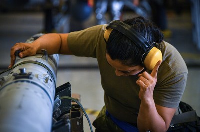 A US Air Force airwoman working at the Naval Air Station Joint Reserve Base in Fort Worth, Texas.