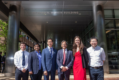 Julian Willis, Amit Choudhary, David R. Liu, Anne Carpenter, and Feng Zhang joined Dr. Merkin (center) on May 18, 2022. Zhang was named a Merkin Fellow in 2012-13; Carpenter is a 2018-19 Fellow.

Photo by Erik Jacobs