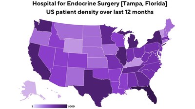 Hospital for Endocrine Surgery’s relative density based on 2,275 US patients indicated by shading. The Hospital for Endocrine Surgery united the surgeons from the Clayman Thyroid Center, Norman Parathyroid Center, Carling Adrenal Center and Scarless Thyroid Surgery Center under one roof to become the world’s highest volume endocrine surgery practice.