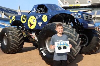 MEMPHIS, Tenn. (May 23, 2022) - Feld Entertainment® surprised St. Jude Children's Research Hospital® patient Calvin, 13, with 12,000-pound Monster Jam monster truck adorned with artwork he created when Monster Jam drivers visited St. Jude. The unveiling took place during the Monster Jam World Finals® May 21 to 22, in Orlando, Florida, at Camping World Stadium.  Photo credit: Feld Entertainment