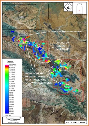 Historical stream sediment sample assays target six areas for REEs to be investigated at the Arctic Fox Project