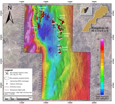 Figure 1 – Map of the airborne MAG survey completed on Boumadine, together with the planned drilling (CNW Group/Aya Gold & Silver Inc)