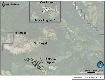 Figure 1: Decar Nickel District ? Previous Drill Hole Locations at Baptiste, Van, Sid and B Target (CNW Group/FPX Nickel Corp.)