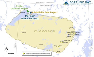 Figure 1: Location of the Goldfields, Strike and Murmac Projects relative to the Athabasca Basin (CNW Group/Fortune Bay Corp.)