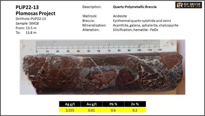 Figure 3: Core Photo Detail – High-grade Ag Mineralization Hole PLIP22-13 (CNW Group/GR Silver Mining Ltd.)