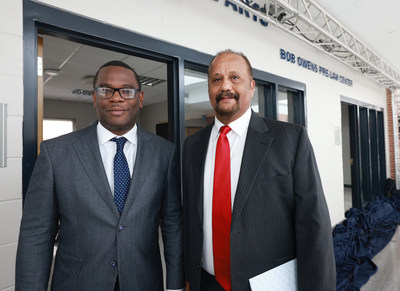 Jackson State University President Thomas K. Hudson and alumnus Bob Owens stand in front of the newly unveiled Bob Owens Pre-Law Center. (photo courtesy of Jackson State University)