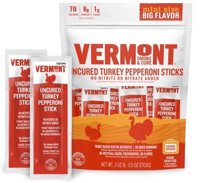 Vermont Smoke & Cure Uncured Pepperoni Turkey Mini-Sticks, a favorite of meat-lovers looking for a protein snack on the go.