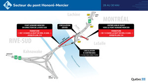 Route 138 entre Kahnawake et Montréal (arrondissement de LaSalle) - Une voie ouverte par direction sur le pont Honoré-Mercier durant la fin de semaine du 27 mai