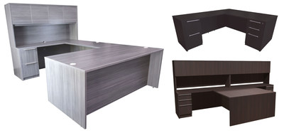 Image of three North American Laminate desks manufactured by Express Office Furniture. From left to right, a U shaped desk with hutch pictured in Stinson Gray, an L shaped desk in Espresso and a two person T shaped desk with hutch in Espresso.