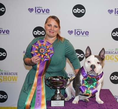 Capone, winner of the Best In Rescue championship with his adopter, Elisha. (Photo credit: ABC/Ser Baffo)