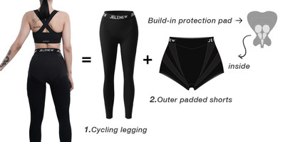 Jelenew 1+1 model outer padded cycling pants includes one professional leggings and one outer padded cycling shorts with a build-in protection pad