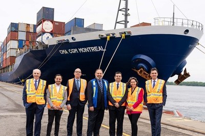 From left to right: Michael Fratianni, President and CEO of MGT, Amine Dounnajah, Senior Trade Manager of CMA CGM Canada, Michel Sawaya, Corporate Manager at CMA CGM, Daniel Dagenais, Vice President of Port Performance and Sustainable Development of the MPA, Thiago Campos, General Manager of CMA CGM Canada, Sonia Martini, MGT's Director of Business Development and Customer Care, and Martin Imbleau, President and Chief Executive Officer of the MPA. (CNW Group/Montreal Port Authority)