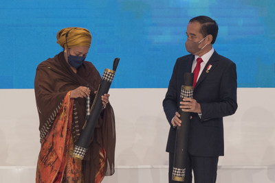 President Joko Widodo (right) with UN Deputy Secretary-General Amina Mohammed (left) holding “a kentongan” (a traditional tool made of bamboo or carved teak wood) when opening the Global Platform for Disaster Risk Reduction (GPDRR) 2022 at BNDCC, Nusa Dua, Bali, Wednesday (25/5/2022). GPDRR 2022 will be held on May 23-28, 2022 in Bali with overaching theme "From Risk to Resilience: Towards Sustainable Development for All in a COVID-19 Transformed World". Credit: Media Center GP2022/Wahyu Putro