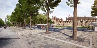 Artistic rendering of the redevelopment concept for Place George-V. It shows a portion of the plaza, partly grassed and partly paved. The Voltigeurs de Qubec Armoury can be seen in the distance, in the background to the right. (CNW Group/Public Services and Procurement Canada)
