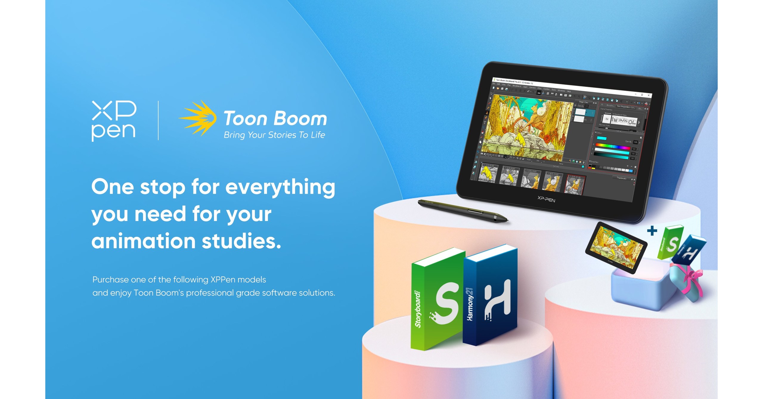 Pacotes educacionais de anima&ccedil;&atilde;o lan&ccedil;ados pela XPPen em parceria com a Toon Boom Animation, empresa l&iacute;der mundial em software