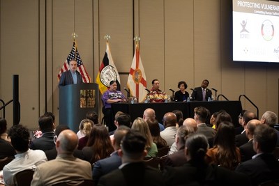 Jim Allen, Chairman of Hard Rock International, Marcellus W. Osceola Jr., Chairman of the Seminole Tribe of Florida, Lori L. Cohen, CEO of ECPAT-USA, and Harold F. Pryor, Broward County State Attorney join to sign the ECPAT Child-Protection Code