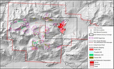 Figure 1: Gray scale DEM backdrop, large K-enrichment area immediately southeast of the Terry porphyry Cu-Au discovery and ASTER target areas (CNW Group/Libero Copper & Gold Corporation.)