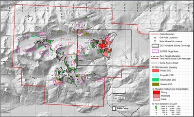 Figure 2: Gray scale DEM backdrop, large K-enrichment area immediately southeast of the Terry porphyry Cu-Au discovery ASTER target area and rock sample geochemistry Cu ppm (CNW Group/Libero Copper & Gold Corporation.)