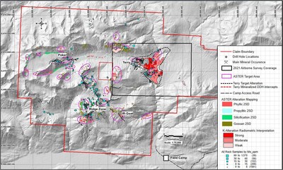 Figure 4: Gray scale DEM backdrop, large K-enrichment area immediately southeast of the Terry porphyry Cu-Au discovery ASTER target area and rock sample geochemistry Mo ppm (CNW Group/Libero Copper & Gold Corporation.)