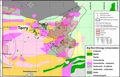 Figure 6: 2021 magnetics and radiometrics survey area with geological interpretation and strong potassic alteration located immediately southeast of the Terry Cu-Au porphyry discovery. (CNW Group/Libero Copper & Gold Corporation.)
