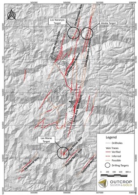 Figure 2. Location of Las Maras, Las Naranjos and Alaska targets on the Santa Ana project. All three targets show native silver or electrum in drill core. Assays are pending for Las Naranjos and Alaska, from drill core that shows native silver. (CNW Group/Outcrop Silver & Gold Corporation)