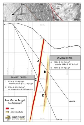 Figure 1. Cross section of  Las Peñas vein in Las Manas target. Las Peñas extends to surface and is open a depth and is comprised of discrete veins and parallel alteration zones with abundant veinlets. (CNW Group/Outcrop Silver & Gold Corporation)