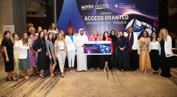 Access Abu Dhabi and Unstoppable Domains group cheque presentation with leading figures Eng. Abdulla Abdul Aziz Al Shamsi, Acting Director General of ADIO, Sandy Carter, SVP and Channel Chief of Unstoppable Domains and Sarah Omolewu, Founder of Access Abu Dhabi