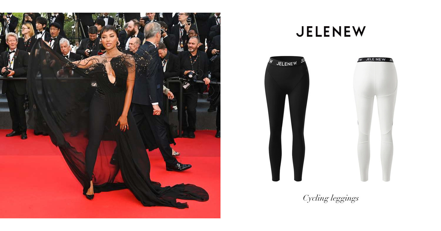 Jelenew and Stephane Rolland, tailor-made cycling pants-haute couture dress for star Kat Graham to attend the red carpet of the 75th Cannes Film Festival