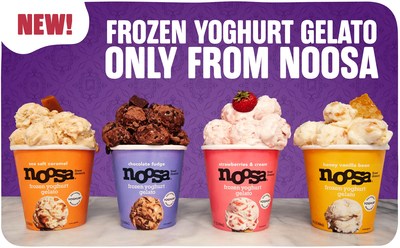 noosa Frozen Yoghurt Gelato lineup in flavors Strawberries & Cream, Chocolate Fudge, Sea Salt Caramel, and Honey Vanilla Bean.