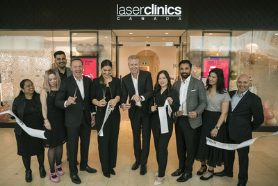John Veitch, CEO of Laser Clinics Group, with scissors, joins George Jeffrey and Dr. Waqqas Jalil, respectively Managing Director and Medical Director at Laser Clinics Canada, and a team of medical aestheticians to celebrate the official opening of the brand's 200th location, at Square One Shopping Centre in Mississauga, Ontario. The Australian-based advanced beauty leader continues its expansion in international markets, including this newest Toronto region location, its second in Canada. (CNW Group/Laser Clinics Canada)