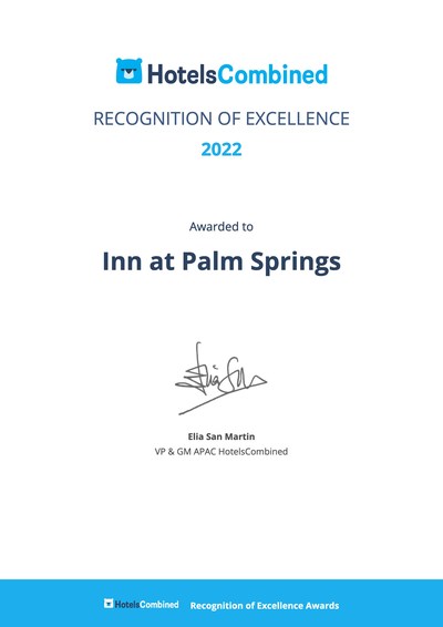 HotelsCombined, owned by KAYAK, has selected Inn at Palm Springs to receive the official Recognition of Excellence Award. HotelsCombined is a hotel price comparison website recognized as the Best Hotel Booking Site two years in a row for 2020 and 2021 by Frommer's. Inn at Palm Springs now joins an elite group of hotels worldwide awarded the HotelsCombined Recognition of Excellence.