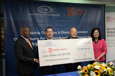 Historic Donation to Chinese Hospital Check Presentation by Charles Huang Foundation 
Former Mayor of San Francisco Willie Brown; Dr. Charles Huang, Chairman of Charles Huang Foundation; Mr. Kitman Chan, Chairman of Chinese Hospital's Board of Trustees; Dr. Jian Zhang, CEO of Chinese Hospital