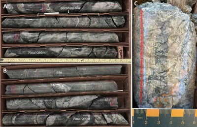 Figure 3 – Intrusive dikes and quartz-sericitie-pyrite alteration in Pinal Schist observed in RT-22-006. (A) Altered porphyry dike intercepted in RT-22-006 interpreted as a potentially older intrusive phase. (B) Intrusive dike cut by younger quartz calcite sphalerite veins (not visible) that was sent for age dating. (C) Strong quartz-sericite-pyrite alteration in fractured zone at 597 metres in Pinal Schist. If confirmed the presence of young base metal veins overprinting older Laramide porphyry dikes could indicate multiple intrusive events at Red Top, a common feature in prospective terrains. (CNW Group/Zacapa Resources)