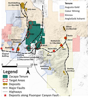 Figure 1 – Map showing Zacapa’s priority target areas and known deposits in the Beatty District. Note the highly favorable position of the SE Block and Sourdough target areas immediately north of the Fluorspar Canyon detachment fault which hosts a large number of deposits along strike. (CNW Group/Zacapa Resources)
