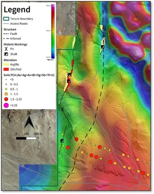 Figure 3 – Plan view of the Sledge target area overlain with a map of magnetic intensity. Two well defined N-S trending faults occur in the area with local zones of mapped alteration around historic workings. These faults appear to link up with the structure hosting mineralization at Augusta Gold’s Montgomery-Shoshone pit. Field images on the right top to bottom, Sledge fault zone with argillic altered tuff and silicified fault breccia, banded chalcedonic quartz vein and breccia, silicified ferruginous fault breccia. (CNW Group/Zacapa Resources)