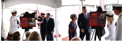 Left picture, Photo: Wilson Plaque;  (from left to right) Vice-Admiral Angus Topshee, Commander, Royal Canadian Navy, Captain (N) (ret'd) William H. Wilson and Ron Hallman, President and Chief Executive Officer, Parks Canada, Photo Credit: Parks Canada;            
Right picture, Photo: Sahlen Plaque;  (from left to right) Mrs. Peggy Sahlen, Ron Hallman, President and Chief Executive Officer, Parks Canada, Captain (N) Janet McDougall, Royal Canadian Navy and Captain (N) Blair Saltel, Royal Canadian Navy, Photo Credit: Parks Canada (CNW Group/Parks Canada)