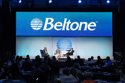 L-R: Beltone VP of Marketing, Dan McCoy, was joined on stage by CEO of GN Hearing, Gitte P. Aabo, and GN Hearing President of North America, Scott Davis, for a fireside-style chat at the Beltone "Independent Together" 2022 National Meeting about the changes coming to the industry and how GN, Beltones parent company, will approach them.