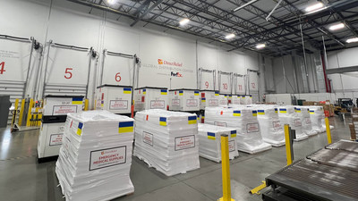 Shipments of emergency medical supplies bound for Ukraine are staged at Direct Relief's warehouse on May 5, 2022. The organization has been providing a consistent flow of medical aid to support the country's medical system as war continues. (Maeve O'Connor/Direct Relief)