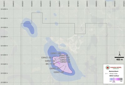 Figure 1a – Bannockburn “B Zone” – Historical Drillholes Over Total Magnetic Intensity (CNW Group/Canada Nickel Company Inc.)