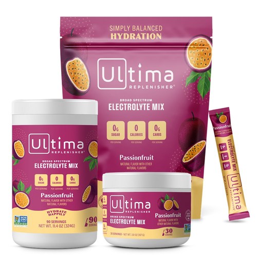 Ultima's New Passionfruit flavor comes in a 20-serving stickpack pouch, 30-serving canister, and 90-serving canister.