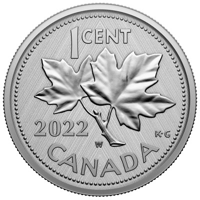 The classic G. E. Kruger Gray twin maple leaf and twig design appears atop the Royal Canadian Mint's new 1 oz. 2022 1-Cent Fine Silver Coin - 10th Anniversary of the Farewell to the Penny (CNW Group/Royal Canadian Mint)